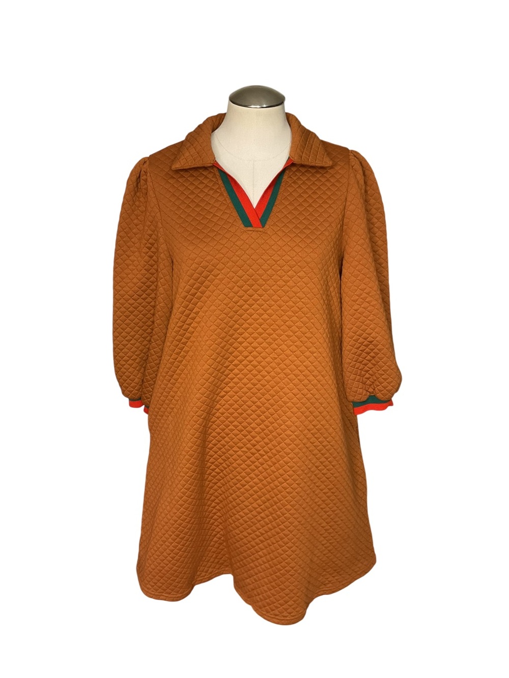 NWT Wenrine Brown Quilted Mini Dress M Collared V Neck Puff Sleeve Colorblock - Picture 2 of 8